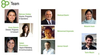 Team
Mehreen Siddiqi
Director, Programs
& Operations

Shahzad Bashir

Mubarik Imam

Anam Zakaria
Director, Programs
& Outreach

Mohammad Anjarwala

Sabah
Baxamoosa
Head of Marketing
& Communications

Ammar Hanafi
Tarim Wasim

4

 