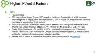 Highest Potential Partners 
► SOS 
• Founded: 1980s 
• SOS runs the Rural Support Program(RSP) as well as the Herman Gmeiner Schools (HGS) to cater to 
different segments of the population. It functions across 13 cities in Punjab, AJK and Baluchistan. It currently 
reaches out to approximately 10,000 students 
• Financial Sustainability: SOS charges fees to cover its operating costs, making the schools self sufficient. 
While for RSP schools these may fall between PKR 400-500, for HGS these can go up to PKR 1,200 
• Quality: 100% of teachers in HGS and 90% in RSP schools have BA degrees or above. 87% students 
received 1st division in Matric from the Sindh Chapter. Attendance rates are close to 90% for both students 
and teachers and survival rates to secondary school are also high 
• [Detailed point of view on all interventions employed in education are present in the Appendix] 
28 
 