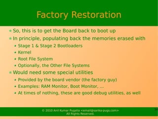 Factory Restoration
So, this is to get the Board back to boot up
In principle, populating back the memories erased with
  ...