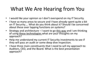 What We Are Hearing from You 
• I would like your opinion so I don’t overspend on my IT Security. 
• I have so many areas to secure and I have already spent quite a bit 
on IT Security…. What do you think about it? Should I be concerned 
about these over lapping functions on systems? 
• Strategy and architecture – I want to go this way and I am thinking 
of using these technologies what are your thoughts on my 
approach? 
• Help me understand my current IT Security investments to see if 
they will pass an audit or some deep dive inspection. 
• I have three main constituents that I need to sell my approach to: 
Auditors, CEO, and the Board. What is the best presentation 
approach? 
 