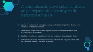 A comunicação deve estar alinhada
ao planejamento estratégico de
negócios a fim de:
Use big image.
1. Apoiar os processos de transição, aquisições, fusões e lançamento de uma nova
marca ou unidade no mercado.
2. Desenvolver projetos de marketing para aproximar as organizações de seus
vários públicos de interesse.
3. Facilitar e fortalecer o trabalho em rede em casos de instituições com filiais.
4. Reforçar a cultura e o clima organizacionais, atuando em conjunto com a área
de Gestão de Pessoas | Recursos Humanos.
 