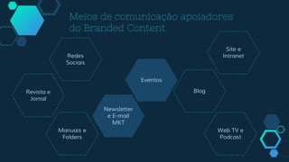 Meios de comunicação apoiadores
do Branded Content
Redes
Sociais
Site e
Intranet
Newsletter
e E-mail
MKT
Manuais e
Folders
Blog
Web TV e
Podcast
Revista e
Jornal
Eventos
 