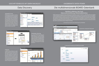 Data Discovery
Geschäftseinblicke mit einem Mausklick
PINBOARD
In BOARD können Anwender ihre eigenen,
komplett personalisierten Dashboards erstellen.
Über den Warenkorb kann jeder Nutzer belie-
bige Objekte wie Tabellen, Charts oder Tacho-
meter zwischenspeichern und anschließend auf
persönlichen PinBOARDs frei anordnen. Diese
Objekte sind dabei für den Anwender individu-
ell und können von ihm umfangreich angepasst
werden.So werden ganz ohne Inanspruchnahme
der IT-Abteilung persönliche Informationszugän-
ge geschaffen, die Daten aus unterschiedlichen
Kapseln und Datenbanken gegenüberstellen.
DRAG&DROP-ANALYSEN
Die visuelle Modellierungsumgebung des
BOARD-Toolkits ist mit einem Drag&Drop-
Interface ausgestattet, welches dem Anwender
erlaubt, ad hoc eigene Berichte oder individuell
angepasste Varianten von Standardberichten zu
erstellen. Jeder Nutzer kann Werte auswählen,
Zeilen und Spalten einstellen, Formeln und Zeit-
funktionen definieren sowie Berichte ausführen
und erhält so im Handumdrehen alle wichtigen
Informationen.
INTEGRIERTE SUCHE
BOARD beinhaltet eine interaktive Suchfunkti-
on, die alle Ebenen einbezieht: von Screens über
Daten und Metadaten bis hin zu Anwendungen.
Als ganzheitliche Lösung erlaubt BOARD, dass
jedes Suchergebnis sofort als Ausgangspunkt
für weitere Analysen verwendet werden kann.
Wenn beispielsweise nach einem Produktnamen
gesucht wurde,kann der User sofort einen Bericht
auswählen, der diesen enthält und das Produkt
oder eine damit verbundene Dimension als
Navigationskriterium verwenden. Des Weiteren
können aus Suchen heraus mithilfe des neuen
Self-Service-Interfaces per Drag&Drop sofort
gänzlich neue Reports erstellt werden.
Ungebremste Daten-Power
Hybrides In-Memory, Fast Track,
Datenzusammenführung, Rückschreibefunktion
BOARD revolutioniert das bisherige Konzept multidimensionaler Datenbanken und macht es fit für das 21. Jahrhundert: Mit der neuen hybriden
In-Memory-Generation entfällt der hoheAufwand traditioneller Lösungen für die Erstellung von Cubes und Sparsities.Zudem kann ein multidimen-
sionales Geschäftsmodell ganz transparent auf mehrere verschiedene relationale Datenquellen angewendet werden (Datenzusammenführung).
Dies unterstützt die umfassenden Rückschreibefunktionen und die Datenmodellierung, zwei Eckpfeiler des internationalen Erfolgs von BOARD.
Hohe Performance, das Handling großer Datenmengen und die einfache Erstellung von Datenmodellen kombiniert mit einer unübertroffenen
Flexibilität in der Modellierung undAnalyse von Informationen,sindAlleinstellungsmerkmale BOARDs multidimensionaler Datenbank gegenüber
jeder anderen auf dem Markt momentan verfügbaren Technologie.
Die multidimensionale BOARD-Datenbank
Automatische Erstellung einer BOARD-Datenbank
1.Auswahl einer relationalen Datenquelle
2.Automatische Erstellung des BOARD-Datenmodells
 