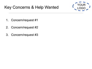 Template 1 of 2:
Full Slide Deck YOUR
LOGOKey Concerns & Help Wanted
1.  Concern/request #1
2.  Concern/request #2
3.  Con...