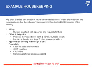 EXAMPLE HOUSEKEEPING
Any or all of these can appear in your Board Updates slides. These are important and
recurring items,...