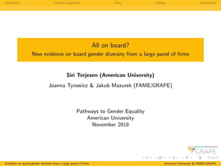 Motivation Gender assignment Data Results Conclusions
All on board?
New evidence on board gender diversity from a large panel of ﬁrms
Siri Terjesen (American University)
Joanna Tyrowicz & Jakub Mazurek (FAME|GRAPE)
Pathways to Gender Equality
American University
November 2018
Evidence on board gender diversity from a large panel of ﬁrms American University & FAME|GRAPE
 