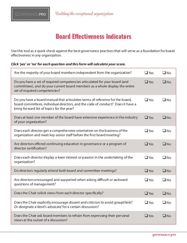 Board of Directors Effectiveness Indicators Checklist Board of Directors Effectiveness Indicators Checklist