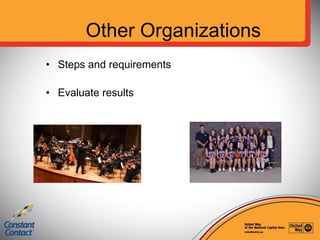 Other Organizations
• Steps and requirements
• Evaluate results
 