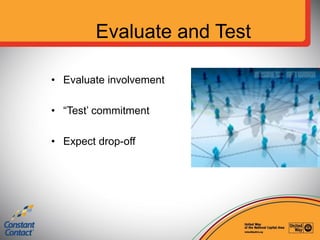 Evaluate and Test
• Evaluate involvement
• “Test’ commitment
• Expect drop-off
 