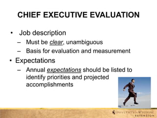 CHIEF EXECUTIVE EVALUATION
• Job description
– Must be clear, unambiguous
– Basis for evaluation and measurement

• Expectations
– Annual expectations should be listed to
identify priorities and projected
accomplishments

 