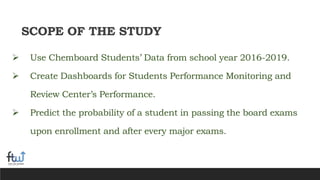 SCOPE OF THE STUDY
 Use Chemboard Students’ Data from school year 2016-2019.
 Create Dashboards for Students Performance Monitoring and
Review Center’s Performance.
 Predict the probability of a student in passing the board exams
upon enrollment and after every major exams.
 