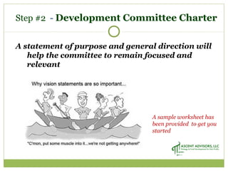Step #2 - Development Committee Charter
A statement of purpose and general direction will
help the committee to remain focused and
relevant
A sample worksheet has
been provided to get you
started
 