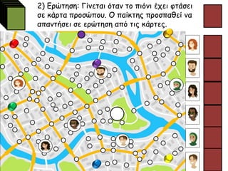 2) Ερώτηση: Γίνεται όταν το πιόνι έχει φτάσει
σε κάρτα προσώπου. Ο παίκτης προσπαθεί να
απαντήσει σε ερώτηση από τις κάρτες.
 
