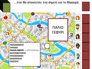 … έτσι θα αποκλείσει ένα σημείο για το θησαυρό.
ΠΑΛΙΟ
ΓΕΦΥΡΙ
ΝΟΣΟΚΟΜΕΙΟ
ΓΗΠΕΔΟ
ΠΑΛΙΟ ΓΕΦΥΡΙ  Μουσάτος
ΚΟΛΥΜΒΗΤΗΡΙΟ
ΠΙΝΑΚΟΘΗΚΗ
ΔΗΜΑΡΧΕΙΟ
ΣΧΟΛΕΙΟ
 