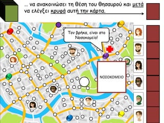 … να ανακοινώσει τη θέση του θησαυρού και μετά
να ελέγξει κρυφά αυτή την κάρτα.
Τον βρήκα, είναι στο
Νοσοκομείο!
ΝΟΣΟΚΟΜΕΙΟ
 