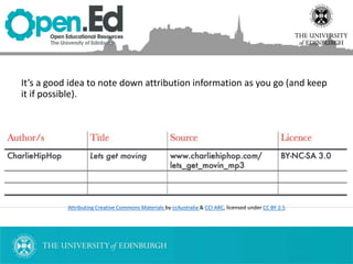 It’s a good idea to note down attribution information as you go (and keep
it if possible).
Attributing Creative Commons Materials by ccAustralia & CCI ARC, licensed under CC BY 2.5
 