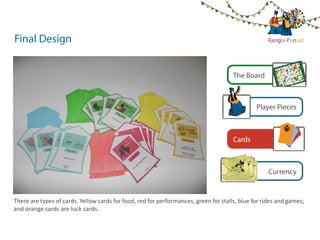 Final Design                                                                                                                                                    Rangla Punjab




                                                                                                                          The Board



                                                                                                                                                          Player Pieces



                                                                                                                          Cards

                                                                                                                          M jwb M
                                                                                                                    rglw prglw pjwb 10
                                                                                                                     M       M
                                                                             10                   10 110 10 0 10
                                                                                                      0 1
                                                                                            rglw pjwb
                                                                                             M    M                             rglw pjwb
                                                                                                                                  M   M       10
                                                                                     rMgb w pjwb
                                                                                        wl M
                                                                        10    rMglw pMj                                                              10
                                                                   10                                                   10 1y 0
                                                                                                                         rupe 10
                                                                                                                      ds ds rupey
                                                                                                                            ds rupey                            Currency
                                                                         10 ds rupey N RUNERURUPEE
                                                                                                 TEN PEE
                                                                                                 P E
                                                                                    ey TE TE
                                                                       1s rds y rup
                                                                       d 0 upe                                              pjwb M
                                                                                                                               M
                                                                                                                        rglwrglw pjwb
                                                                                                                         M
                                                                    10                                                       M               10
                                                                         10            rglw pjwb
                                                                                          M
                                                                                     rglbpjwb 1
                                                                                      M jw w M
                                                                                        M
                                                                                               M
                                                                                                     0 1100 110
                                                                                                        01 0                     rglw pjwb
                                                                                                                                  M    M            10
                                                                        1 0 rglw p
                                                                                 M                                                                   10
                                                                     10                                                     10 10 y
                                                                                                                           ds dse pey
                                                                                                                              rup ru
                                                                                                                                 10
                                                                                                                               ds rupey

There are types of cards. Yellow cards for food, red for performances, green for stalls, blue for rides and games;
                                                                             10 ds rupey
                                                                               0 s ru ey
                                                                              1dsdrupey p
                                                                                                  TEN RN
                                                                                                         RU E
                                                                                                    TEN RUPEE
                                                                                                           E
                                                                                                     TE UPE PE
                                                                                                                                   M wb
                                                                                                                              M w pj M
                                                                                                                             rglglw pjwb
                                                                     10                                                         rM                  10
and orange cards are luck cards.                                      10
                                                                        10
                                                                                1010 1010
                                                                                 10 10   rglw pjwb
                                                                                          M     M
                                                                                             glw wbjwb
                                                                                            M M pM
                                                                                         M r j
                                                                                        rglw p
                                                                                                                               rglw pjwb
                                                                                                                                M    M
                                                                                                                                                     10
                                                                                                                                                         10

                                                                             10                                                   1010
                                                                                                                                    r y
                                                                                                                                d10 upe ey
                                                                                                                                 s s rup
                                                                                                                                  d
                                                                                                                               ds rupey
                                                                             10   ds rupey         TEN TEN UPEE E
                                                                                                       RUPEE PE
                                                                                                     TEN R R
                                                                                                             U
                                                                                                                                        M wb
                                                                                    d rup    ey                                   M w pj M
                                                                                                                                 rgllw pjwb
                                                                                10dssrupey                                         rg
                                                                                                                                    M                     10
                                                                             1010    rglw pjwb
                                                                                      M        M
                                                                                              M w pjwb 10
                                                                                                  M M wb
                                                                                                           0 10 0
                                                                                                          110 110             rglw pjwb
                                                                                                                               M      M                    10
                                                                                           M rgl j
                                                                                         rglw p
                                                                                 10
                                                                                10                                                                  10
                                                                                                                                      10 y
                                                                                                                                       10
                                                                                                                                     ds rupe upey
 