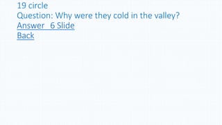 19 circle
Question: Why were they cold in the valley?
Answer 6 Slide
Back
 