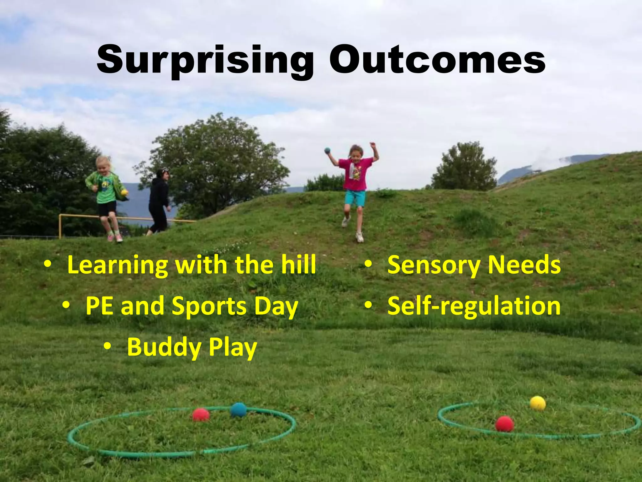 Surprising Outcomes
• Learning with the hill
• PE and Sports Day
• Buddy Play
• Sensory Needs
• Self-regulation