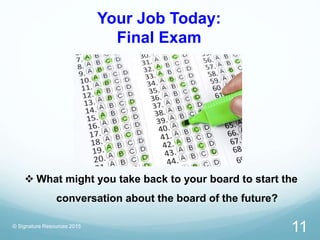 Your Job Today:
Final Exam
© Signature Resources 2015
 What might you take back to your board to start the
conversation a...