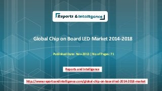 Global Chip on Board LED Market 2014-2018
Published Date: Nov-2013 | No of Pages: 71
Reports and Intelligence
http://www.reportsandintelligence.com/global-chip-on-board-led-2014-2018-market
 