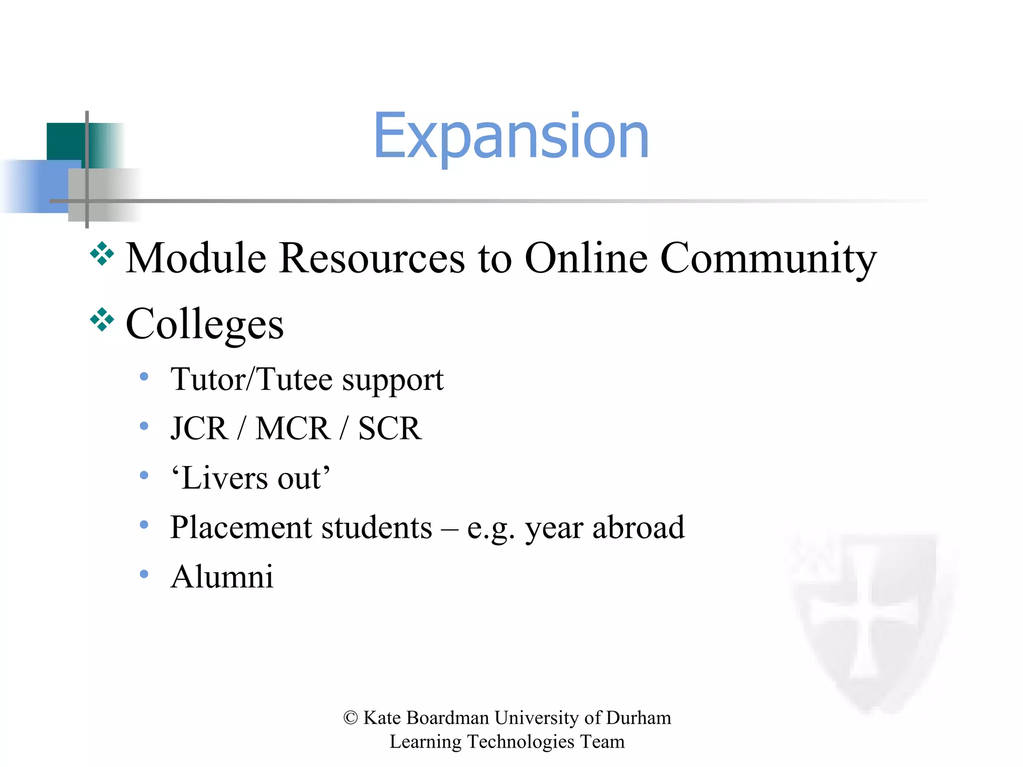 Expansion Module Resources to Online Community Colleges  Tutor/Tutee support JCR / MCR / SCR ‘Livers out’ Placement students – e.g. year abroad Alumni 