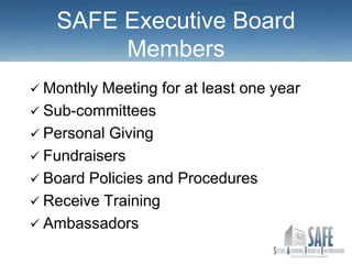 SAFE Executive Board
        Members
 Monthly Meeting for at least one year
 Sub-committees
 Personal Giving
 Fundraisers
 Board Policies and Procedures
 Receive Training
 Ambassadors
 