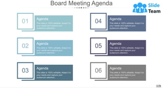 Board Meeting Agenda
WWW.COMPANY.COM 1
Agenda
This slide is 100% editable. Adapt it to
your needs and capture your
audience’s attention.
01
Agenda
This slide is 100% editable. Adapt it to
your needs and capture your
audience’s attention.
02
Agenda
This slide is 100% editable. Adapt it to
your needs and capture your
audience’s attention.
03
Agenda
This slide is 100% editable. Adapt it to
your needs and capture your
audience’s attention.
04
Agenda
This slide is 100% editable. Adapt it to
your needs and capture your
audience’s attention.
05
Agenda
This slide is 100% editable. Adapt it to
your needs and capture your
audience’s attention.
06
 