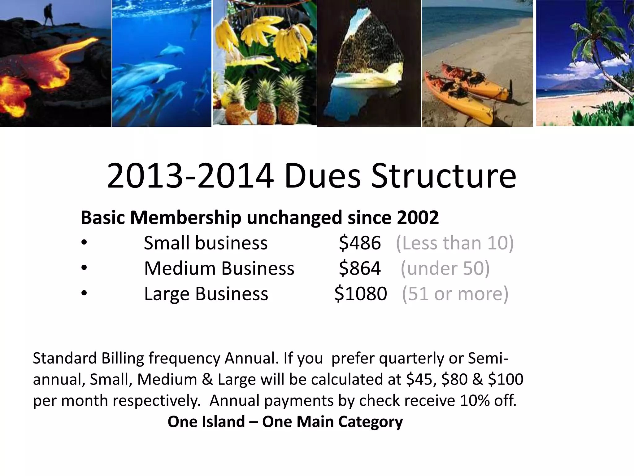 2013-2014 Dues Structure
Basic Membership unchanged since 2002
• Small business $486 (Less than 10)
• Medium Business $864 (under 50)
• Large Business $1080 (51 or more)
Standard Billing frequency Annual. If you prefer quarterly or Semi-
annual, Small, Medium & Large will be calculated at $45, $80 & $100
per month respectively. Annual payments by check receive 10% off.
One Island – One Main Category
 