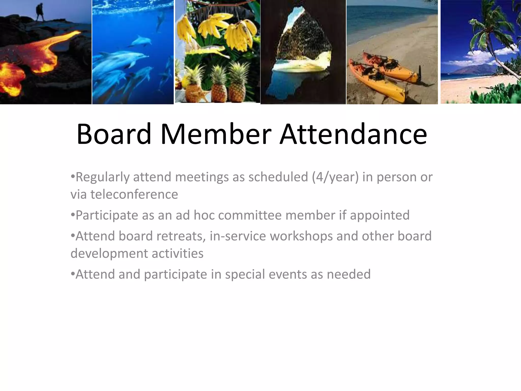 Board Member Attendance
•Regularly attend meetings as scheduled (4/year) in person or
via teleconference
•Participate as an ad hoc committee member if appointed
•Attend board retreats, in-service workshops and other board
development activities
•Attend and participate in special events as needed
 