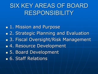 SIX KEY AREAS OF BOARD
RESPONSIBILITY
 1. Mission and Purpose
 2. Strategic Planning and Evaluation
 3. Fiscal Oversight/Risk Management
 4. Resource Development
 5. Board Development
 6. Staff Relations
 
