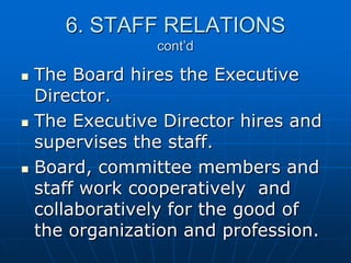 6. STAFF RELATIONS
cont’d
 The Board hires the Executive
Director.
 The Executive Director hires and
supervises the staff.
 Board, committee members and
staff work cooperatively and
collaboratively for the good of
the organization and profession.
 