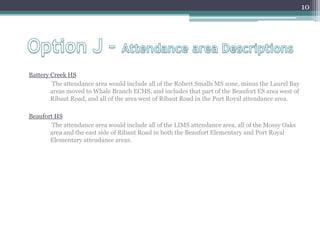Option J – Attendance area DescriptionsBattery Creek HS	 The attendance area would include all of the Robert Smalls MS zone, minus the Laurel Bay areas moved to Whale Branch ECHS, and includes that part of the Beaufort ES area west of Ribaut Road, and all of the area west of Ribaut Road in the Port Royal attendance area.Beaufort HS	 The attendance area would include all of the LIMS attendance area, all of the Mossy Oaks area and the east side of Ribaut Road in both the Beaufort Elementary and Port Royal Elementary attendance areas.10