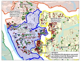 OPTION KAll of Beaufort ES attendance area would go to Battery Creek HS. Mossy Oaks and Port Royal remain at Beaufort HS.
