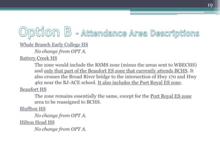 Option B - Attendance Area DescriptionsWhale Branch Early College HS No change from OPT A.Battery Creek HSThe zone would include the RSMS zone (minus the areas sent to WBECHS) and only that part of the Beaufort ES zone that currently attends BCHS. It also crosses the Broad River bridge to the intersection of Hwy 170 and Hwy 462 near the BJ-ACE school. It also includes the Port Royal ES zone.Beaufort HSThe zone remains essentially the same, except for the Port Royal ES zone area to be reassigned to BCHS.Bluffton HSNo change from OPT A.Hilton Head HS No change from OPT A.19