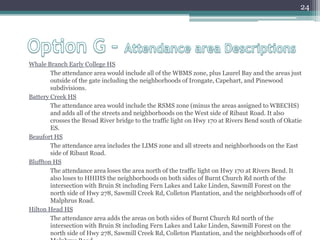 Option G – Attendance area DescriptionsWhale Branch Early College HS The attendance area would include all of the WBMS zone, plus Laurel Bay and the areas just outside of the gate including the neighborhoods of Irongate, Capehart, and Pinewood subdivisions.Battery Creek HSThe attendance area would include the RSMS zone (minus the areas assigned to WBECHS) and adds all of the streets and neighborhoods on the West side of Ribaut Road. It also crosses the Broad River bridge to the traffic light on Hwy 170 at Rivers Bend south of Okatie ES.Beaufort HSThe attendance area includes the LIMS zone and all streets and neighborhoods on the East side of Ribaut Road.Bluffton HSThe attendance area loses the area north of the traffic light on Hwy 170 at Rivers Bend. It also loses to HHIHS the neighborhoods on both sides of Burnt Church Rd north of the intersection with Bruin St including Fern Lakes and Lake Linden, Sawmill Forest on the north side of Hwy 278, Sawmill Creek Rd, Colleton Plantation, and the neighborhoods off of Malphrus Road.Hilton Head HS The attendance area adds the areas on both sides of Burnt Church Rd north of the intersection with Bruin St including Fern Lakes and Lake Linden, Sawmill Forest on the north side of Hwy 278, Sawmill Creek Rd, Colleton Plantation, and the neighborhoods off of Malphrus Road.24