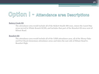 Option I – Attendance area DescriptionsBattery Creek HS	The attendance area would include all of the Robert Smalls MS zone, minus the Laurel Bay areas moved to Whale Branch ECHS, and includes that part of the Beaufort ES area west of Ribaut Road.Beaufort HS	The attendance area would include all of the LIMS attendance area, all of the Mossy Oaks and Port Royal elementary attendance areas and takes the east side of Ribaut Road to Beaufort High.26