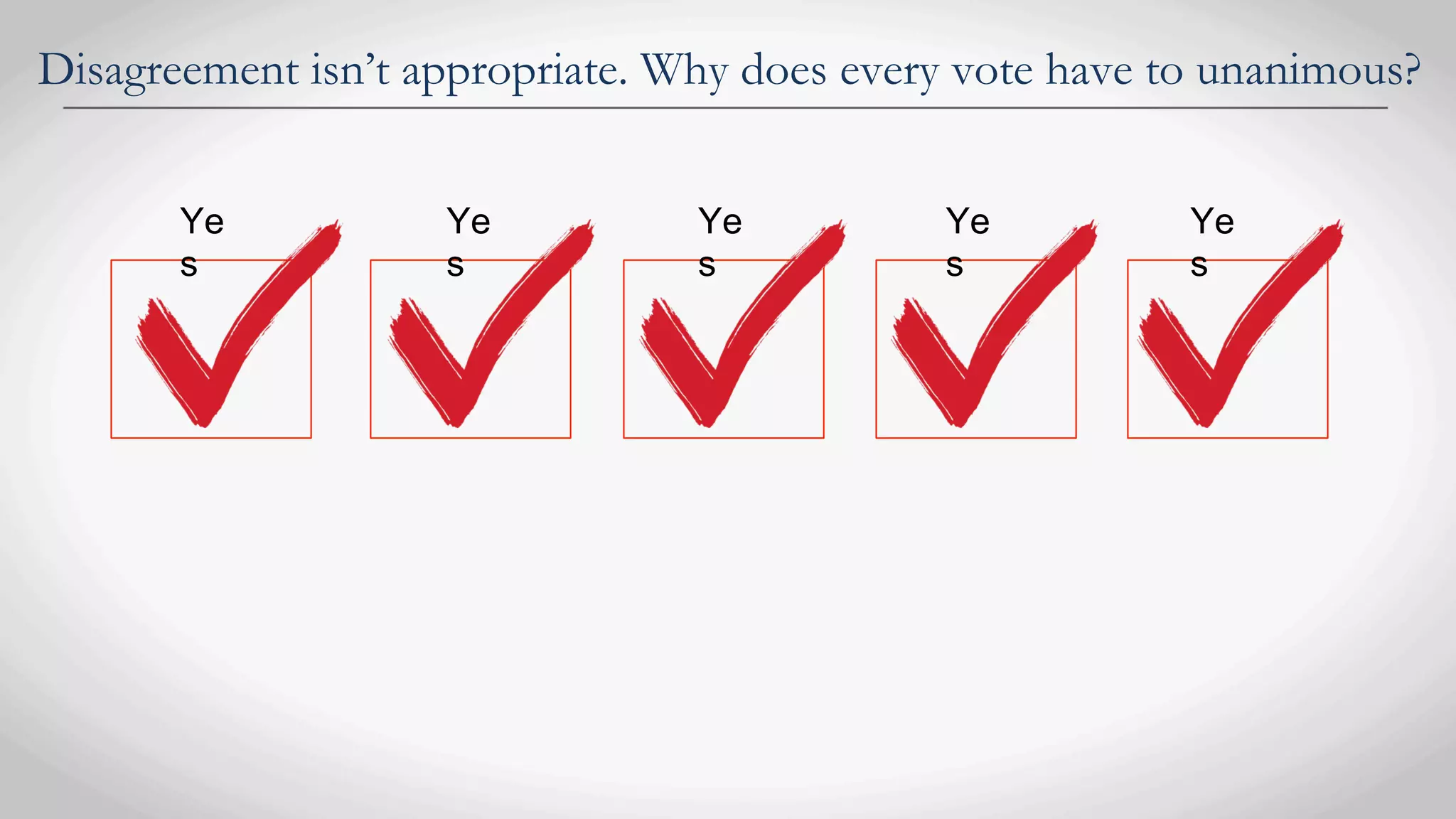 Disagreement isn’t appropriate. Why does every vote have to unanimous?
Ye
s
Ye
s
Ye
s
Ye
s
Ye
s
 