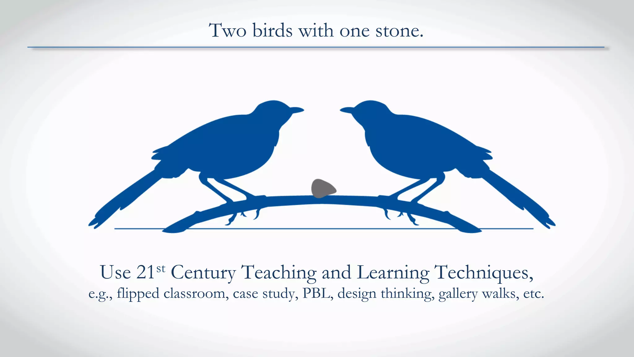 Two birds with one stone.
Use 21st Century Teaching and Learning Techniques,
e.g., flipped classroom, case study, PBL, design thinking, gallery walks, etc.
 
