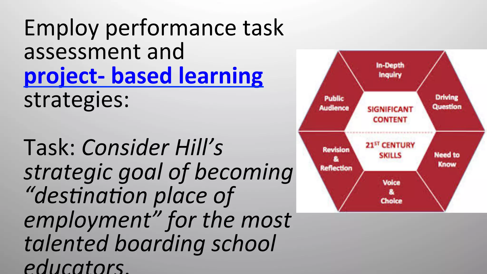 Employ	
  performance	
  task	
  
assessment	
  and	
  
project-­‐	
  based	
  learning	
  
strategies:	
  	
  
	
  
Task:	
  Consider	
  Hill’s	
  
strategic	
  goal	
  of	
  becoming	
  a	
  
“des5na5on	
  place	
  of	
  
employment”	
  for	
  the	
  most	
  
talented	
  boarding	
  school	
  
 