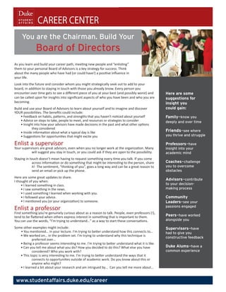 Career Center 
Board of Directors 
You are the Chairman. Build your Board of Directors. 
Duke Career Center • studentaffairs.duke.edu/career • 919-660-1050 • 
Bay 5, Smith Warehouse, 2nd Floor • 114 S. Buchanan Blvd., Box 90950, Durham, NC 27708 
Here are some 
suggestions for 
insight you 
could gain: 
Family—know you 
deeply and over time 
Friends—see where 
you thrive and struggle 
Professors—have 
insight into your 
academic mind 
Coaches—challenge 
you to overcome 
obstacles 
Advisors—contribute 
to your decision-making 
process 
Community 
Leaders—see your 
passions engaged 
Peers—have worked 
alongside you 
Supervisors—have 
had to give you 
constructive feedback 
Duke Alums—have a 
common experience 
As you learn and build your career path, meeting new people and “enlisting” 
them to your personal Board of Directors is a key strategy for success. Think 
about the many people who have had (or could have!) a positive influence in 
your life. 
Look into the future and consider whom you might strategically seek out to add 
to your board, in addition to staying in touch with those you already know. Every 
person you encounter over time gets to see a different piece of you at your best 
(and possibly worst) and can be called upon for insights into significant aspects 
of who you have been and who you are becoming. 
Build and use your Board of Directors to learn about yourself and to imagine and 
discover YOUR possibilities. The benefits could include: 
• Feedback on habits, patterns, and strengths that you haven’t noticed about yourself 
• Advice on steps to take, people to meet, and resources or strategies to consider 
• Insight into how your advisors have made decisions in the past and what other options 
they considered 
• Inside information about what a typical day is like 
• Suggestions for opportunities that might excite you 
Enlist a supervisor 
Your supervisors are great advisors, even when you no longer work at the organization. Many 
will suggest you stay in touch, or you could ask if they are open to the possibility. 
Staying in touch doesn’t mean having to request something every time you talk. If you come 
across information or do something that might be interesting to the person, share it! The 
sentiment, “thinking of you”, goes a long way and can be a great reason to send an email or 
pick up the phone. 
Here are some great updates to share. 
I thought of you when: 
• I learned something in class. 
• I saw something in the news. 
• I used something I learned when working with you. 
• I followed your advice. 
• I mentioned you (or your organization) to someone. 
Enlist a professor 
Find something you’re genuinely curious about as a reason to talk. People, even professors 
(!), tend to be flattered when others express interest in something that is important to them. 
You can use the words, “I’m trying to understand…” as a way to start these conversations. 
Some other examples might include: 
• You mentioned… in your lecture. I’m trying to better understand how this connects to… 
• We worked on… in the problem set. I’m trying to understand why this technique is 
preferred over… 
• Being a professor seems interesting to me. I’m trying to better understand what it is 
like. 
• Can you tell me about what you do? How you decided to do this? What else you have 
considered? Who you work with? 
• This topic is very interesting to me. I’m trying to better understand the ways that 
it connects to opportunities outside of academic work. Do you know about this or 
anyone who might? 
• I learned a bit about your research and am intrigued by… Can you tell me more 
about… 
