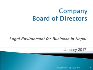 Legal Environment for Business in Nepal
January 2017
20 August 2016 1Saroj Shrestha
 