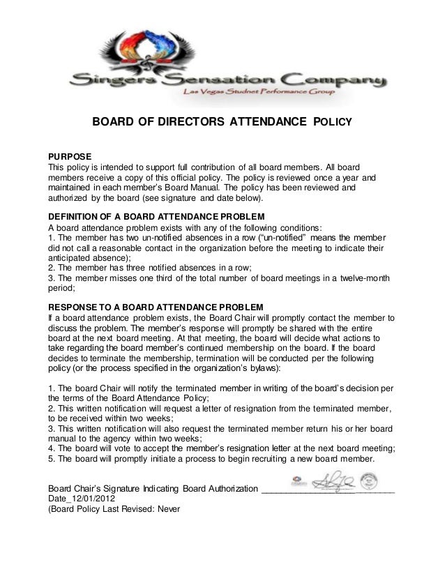 Board of directors attendance policy ssc 2012