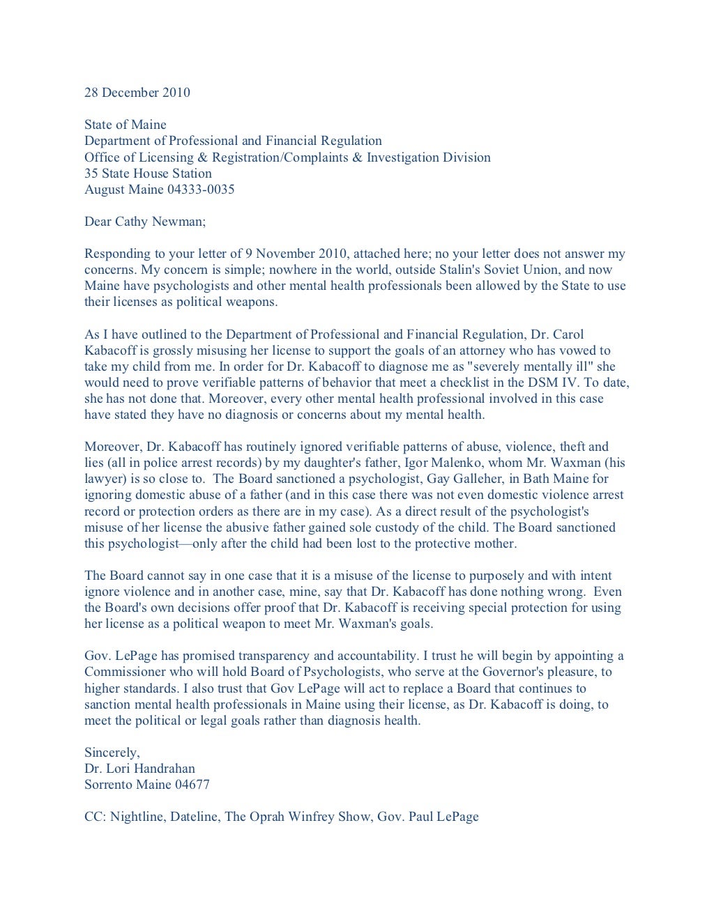 Board of psychologist letter 28 december 2010