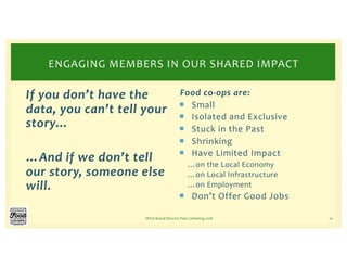 If you don’t have the
data, you can’t tell your
story…
…And if we don’t tell
our story, someone else
will.
Food co-ops are:
¡ Small
¡ Isolated and Exclusive
¡ Stuck in the Past
¡ Shrinking
¡ Have Limited Impact
…on the Local Economy
…on Local Infrastructure
…on Employment
¡ Don’t Offer Good Jobs
NFCA Board Director Peer Gathering 2018 10
ENGAGING MEMBERS IN OUR SHARED IMPACT
 