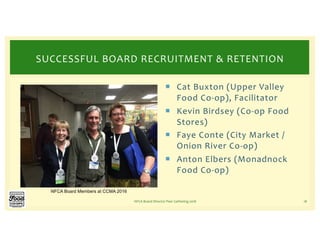 ¡ Cat Buxton (Upper Valley
Food Co-op), Facilitator
¡ Kevin Birdsey (Co-op Food
Stores)
¡ Faye Conte (City Market /
Onion River Co-op)
¡ Anton Elbers (Monadnock
Food Co-op)
NFCA Board Director Peer Gathering 2018 18
SUCCESSFUL BOARD RECRUITMENT & RETENTION
NFCA Board Members at CCMA 2016
 