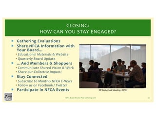 ¡ Gathering Evaluations
¡ Share NFCA Information with
Your Board…
§ Educational Materials & Website
§ Quarterly Board Update
¡ …And Members & Shoppers
§ Communicate Shared Vision & Work
§ Share our Collective Impact!
¡ Stay Connected
§ Subscribe to Monthly NFCA E-News
§ Follow us on Facebook / Twitter
¡ Participate in NFCA Events
NFCA Board Director Peer Gathering 2018 20
CLOSING:
HOW CAN YOU STAY ENGAGED?
NFCA Annual Meeting, 2018
 