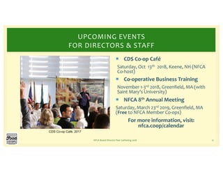 ¡ CDS Co-op Café
Saturday, Oct 13th 2018, Keene, NH (NFCA
Co-host)
¡ Co-operative Business Training
November 1-3rd 2018, Greenfield, MA (with
Saint Mary’s University)
¡ NFCA 8th Annual Meeting
Saturday, March 23rd 2019, Greenfield, MA
(Free to NFCA Member Co-ops)
For more information, visit:
nfca.coop/calendar
NFCA Board Director Peer Gathering 2018 21
UPCOMING EVENTS
FOR DIRECTORS & STAFF
CDS Co-op Café, 2017
 