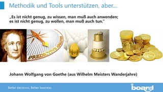 Better decisions. Better business.
Methodik und Tools unterstützen, aber…
„Es ist nicht genug, zu wissen, man muß auch anwenden;
es ist nicht genug, zu wollen, man muß auch tun.“
Johann Wolfgang von Goethe (aus Wilhelm Meisters Wanderjahre)
 