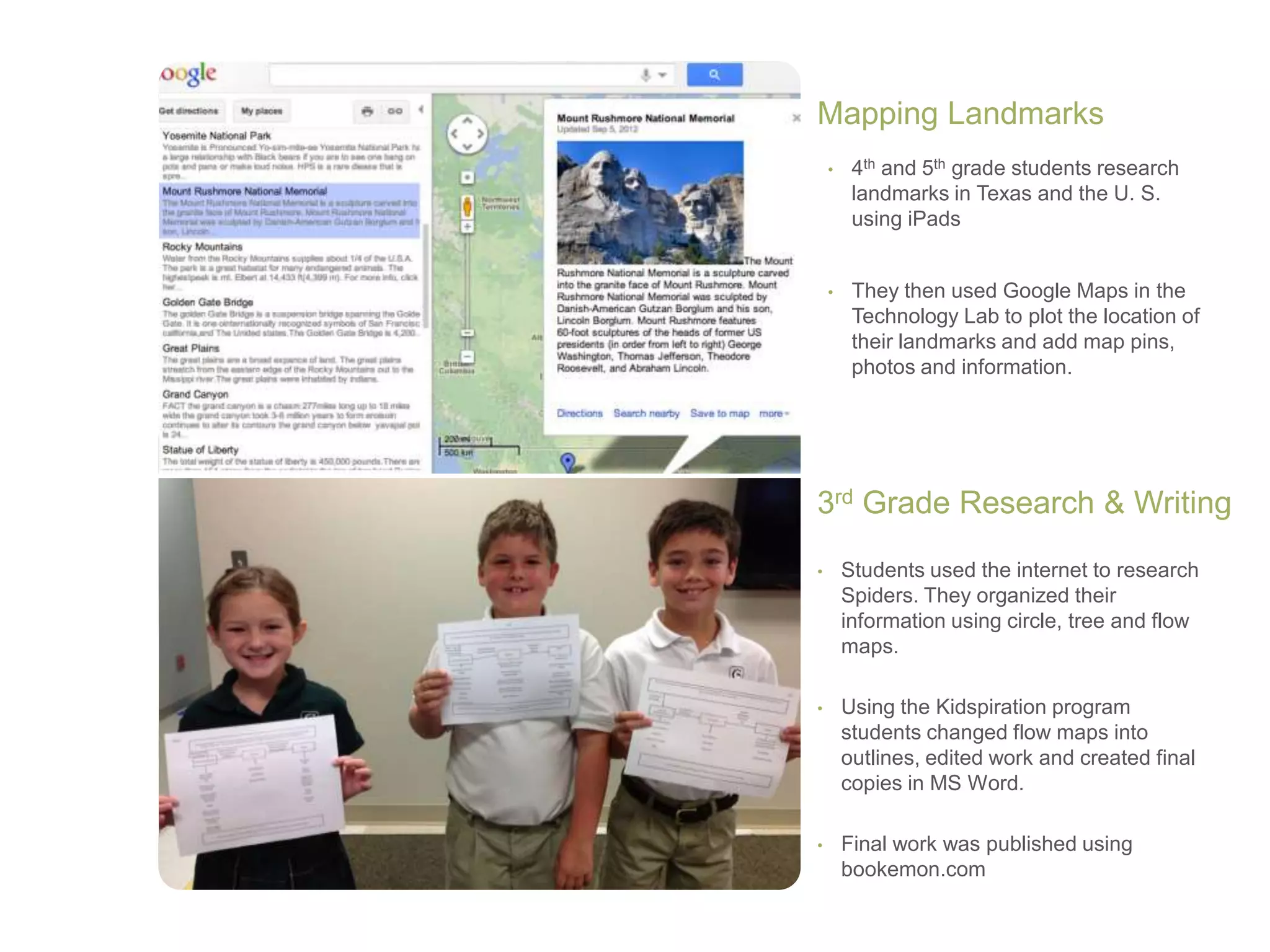 • 4th and 5th grade students research
landmarks in Texas and the U. S.
using iPads
• They then used Google Maps in the
Technology Lab to plot the location of
their landmarks and add map pins,
photos and information.
Mapping Landmarks
• Students used the internet to research
Spiders. They organized their
information using circle, tree and flow
maps.
• Using the Kidspiration program
students changed flow maps into
outlines, edited work and created final
copies in MS Word.
• Final work was published using
bookemon.com
3rd Grade Research & Writing
 